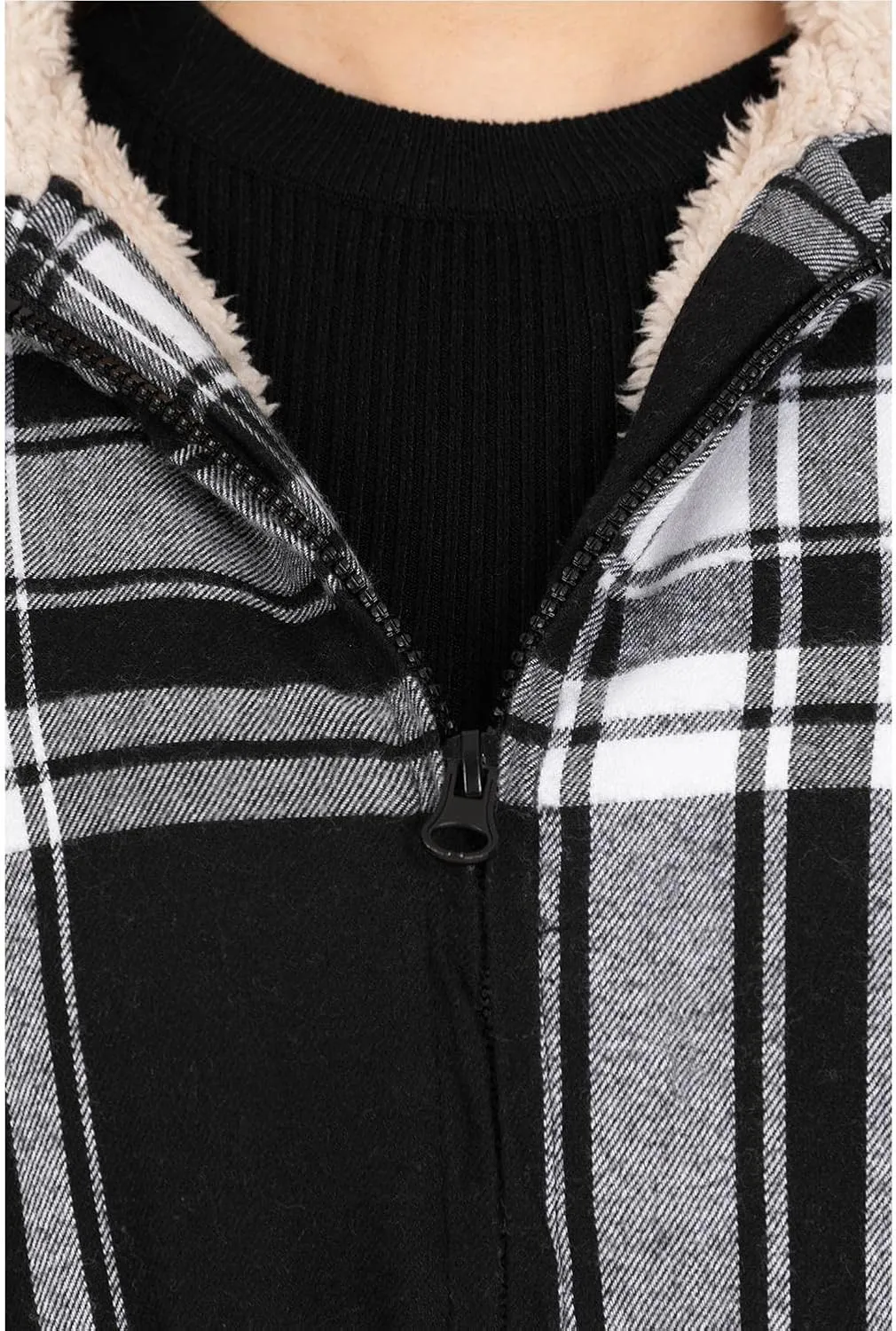 Lisskolo Women Sherpa Flannel Jacket Warm Fleece Lined Plaid Full Zip Flannel Shirt Jacket with Hood