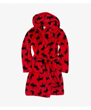 Little Blue House Moose on Red Fleece Robe - Adult