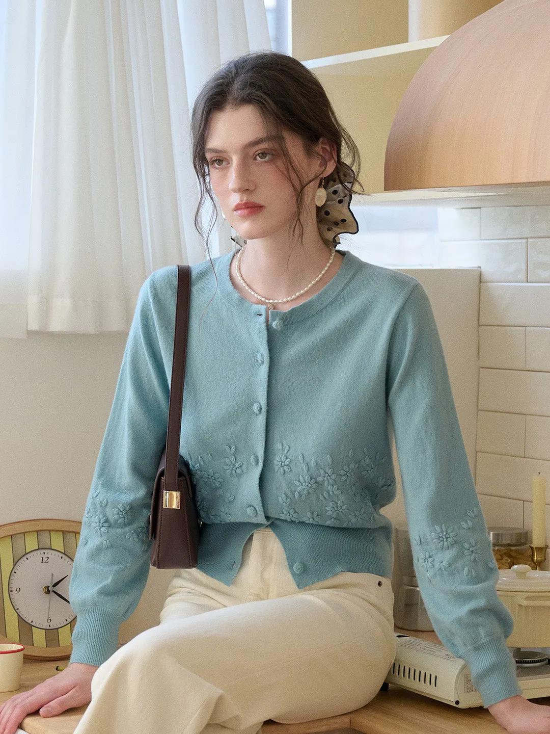 Lola Round Neck Embroidery Wool Cardigan ZipperedPockets SoftBrushed