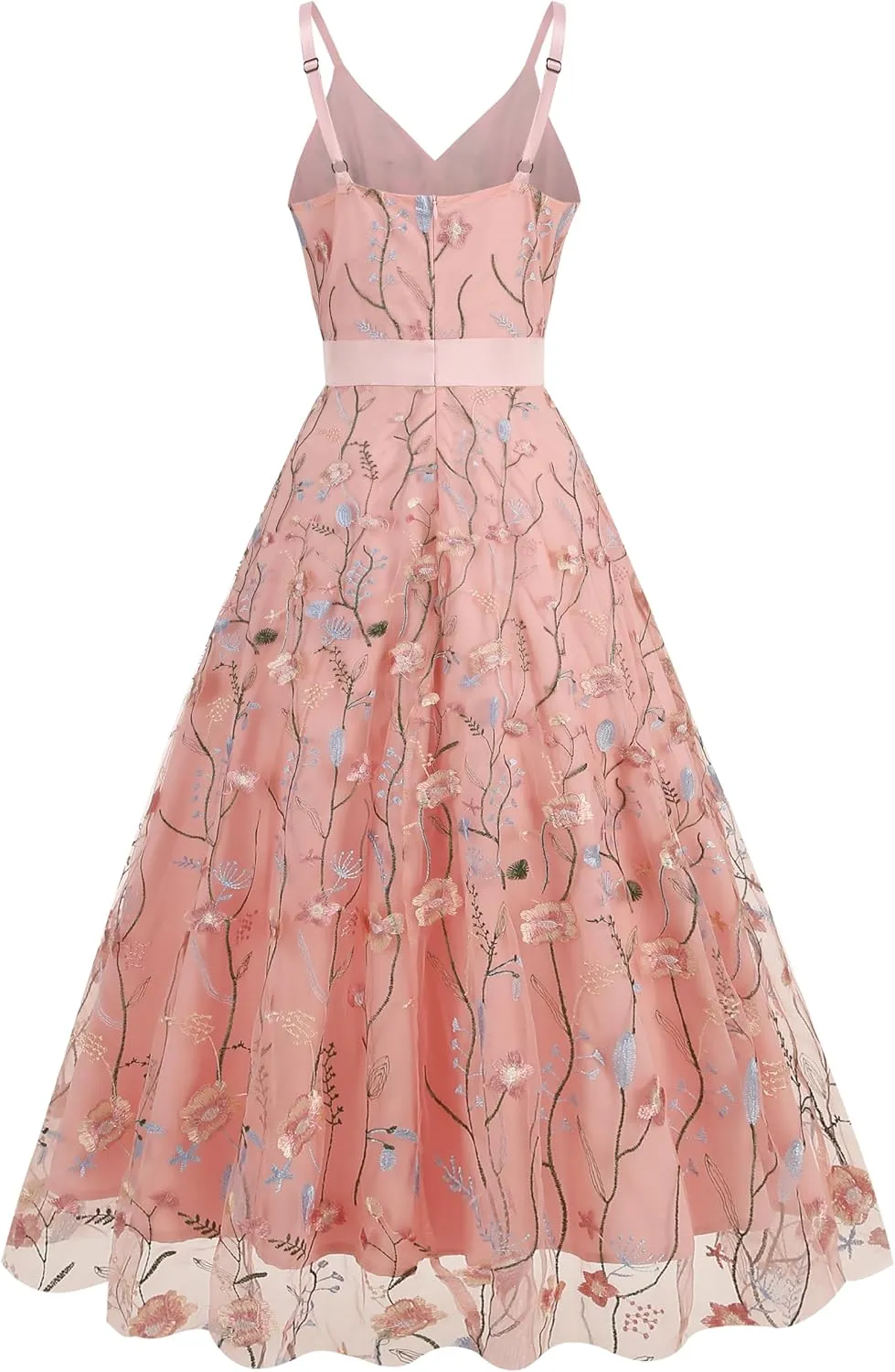 Long Floral Embroidery Dress for Women Flower Embroidered Maxi Dress Spaghetti Straps Formal Evening Party Tulle Prom Dress