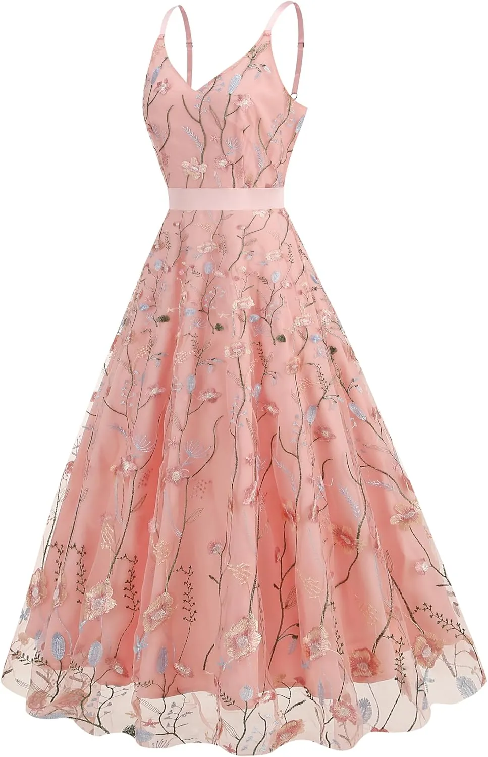 Long Floral Embroidery Dress for Women Flower Embroidered Maxi Dress Spaghetti Straps Formal Evening Party Tulle Prom Dress