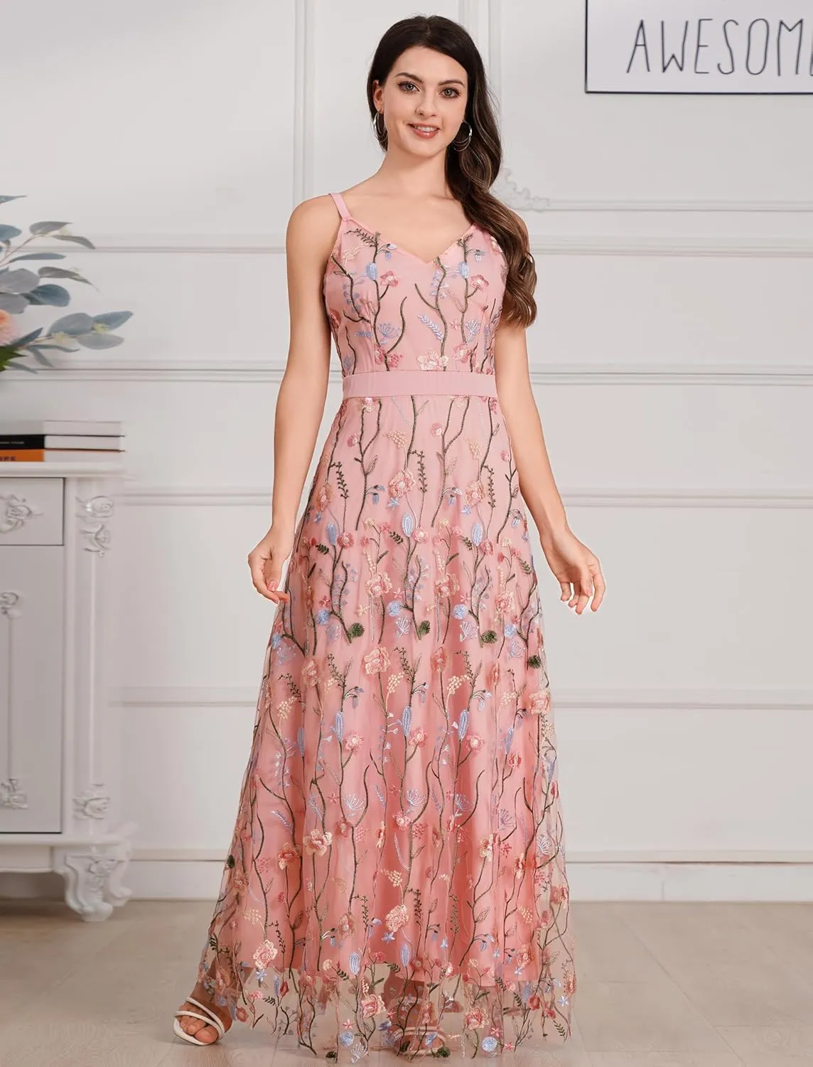 Long Floral Embroidery Dress for Women Flower Embroidered Maxi Dress Spaghetti Straps Formal Evening Party Tulle Prom Dress