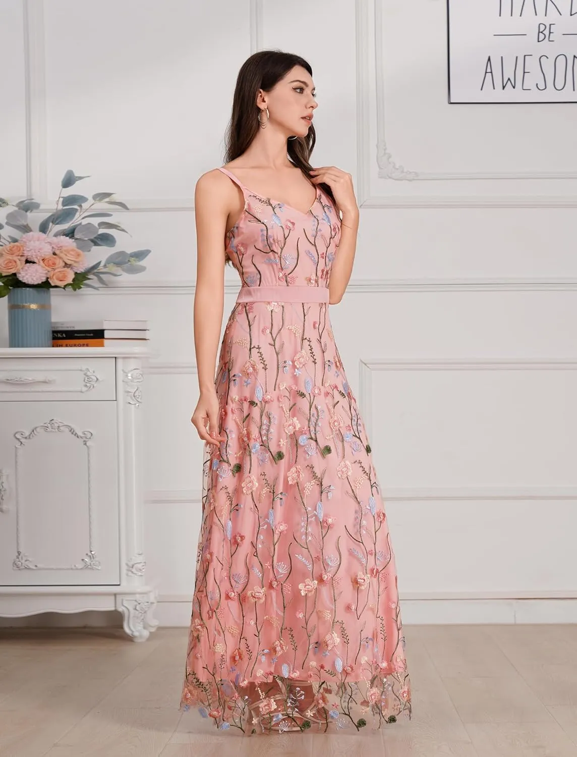 Long Floral Embroidery Dress for Women Flower Embroidered Maxi Dress Spaghetti Straps Formal Evening Party Tulle Prom Dress