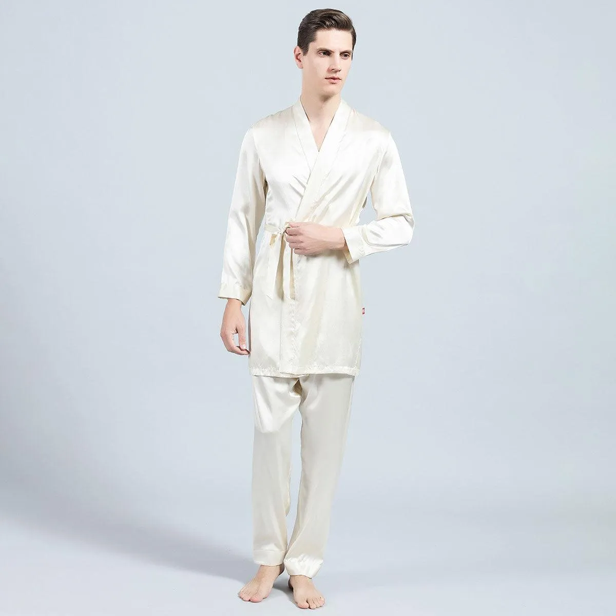 Long Men Silk Pajamas Set with Robe luxury Silk sleepwear
