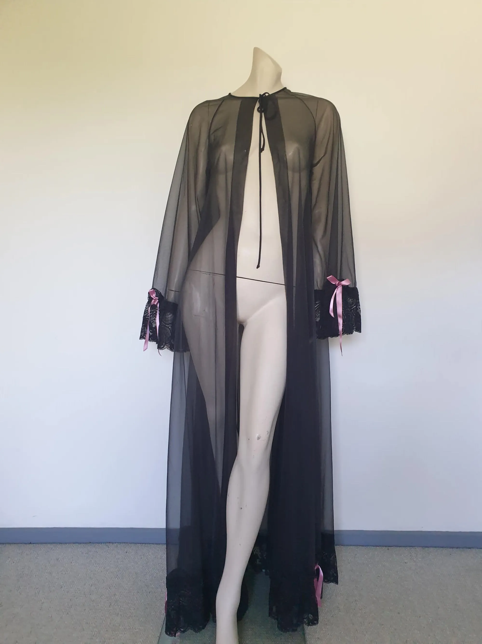 Long Sheer Black Peignoir with Lacy Flared Sleeves by Sakowitz - M