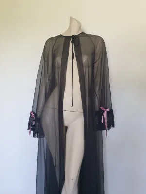 Long Sheer Black Peignoir with Lacy Flared Sleeves by Sakowitz - M
