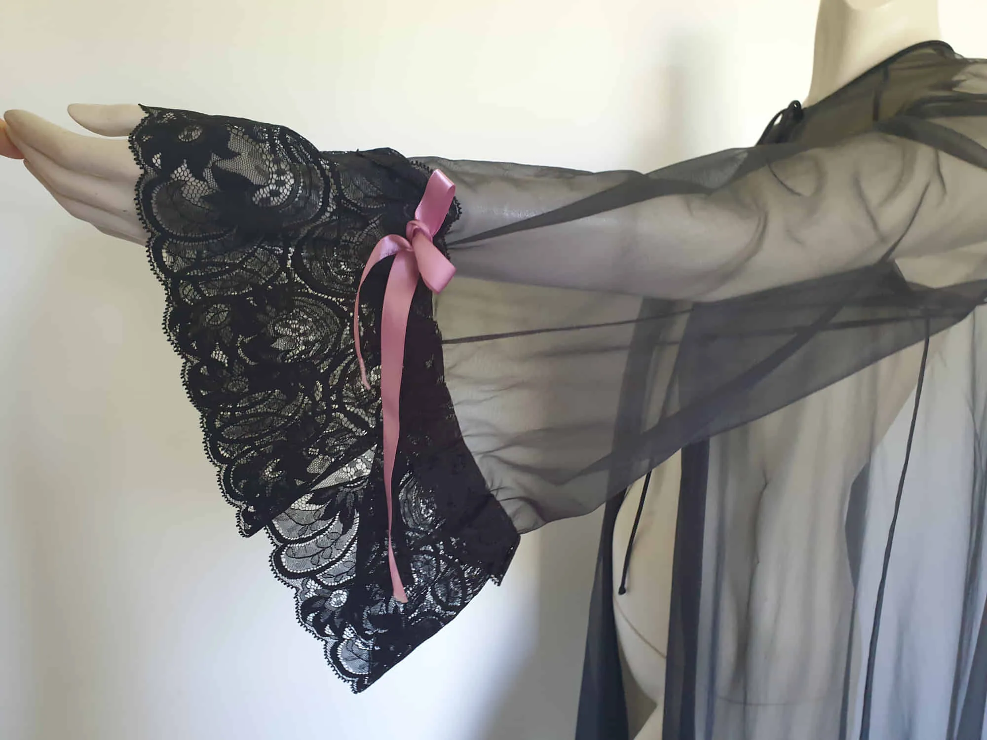 Long Sheer Black Peignoir with Lacy Flared Sleeves by Sakowitz - M