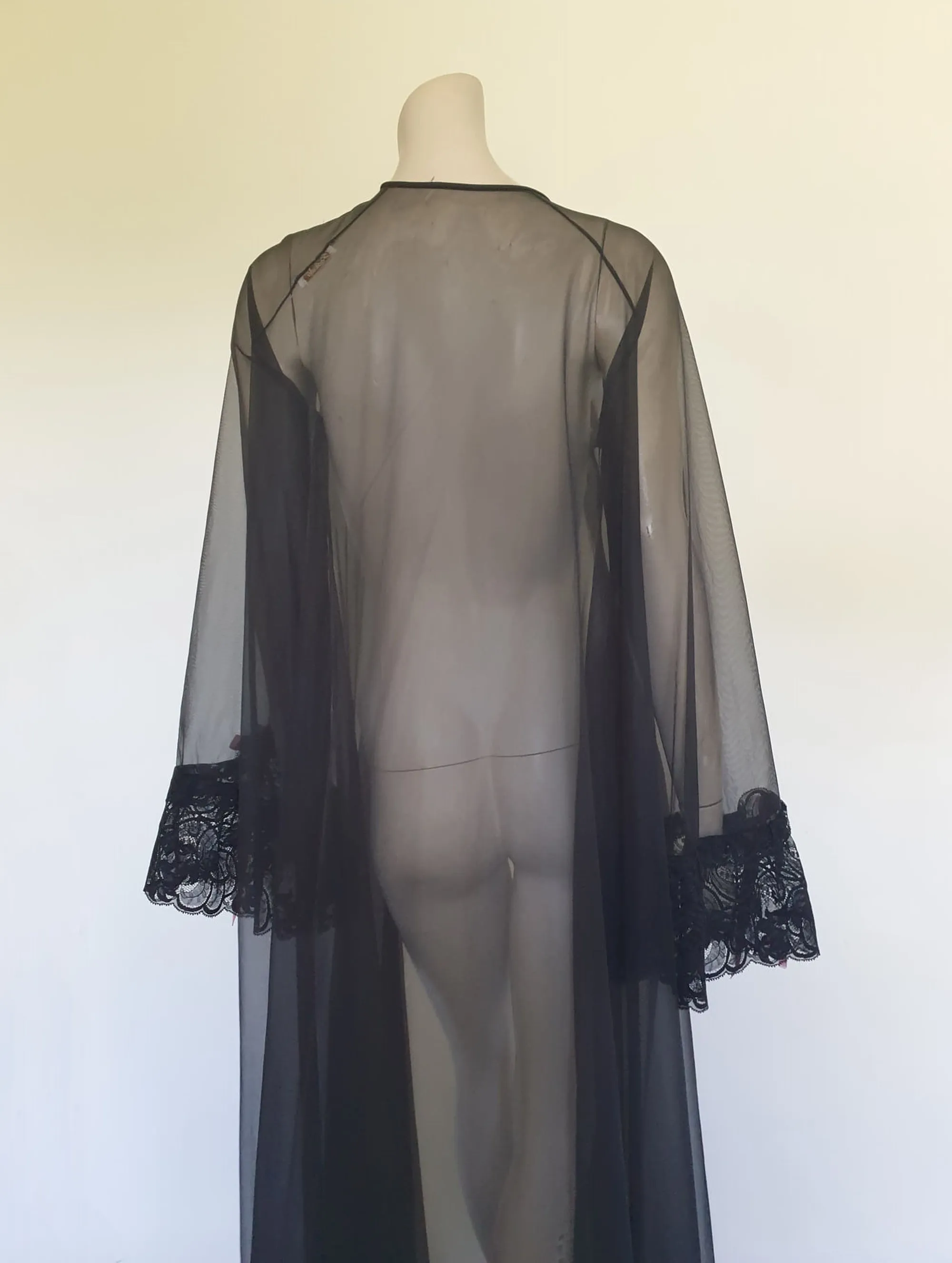 Long Sheer Black Peignoir with Lacy Flared Sleeves by Sakowitz - M