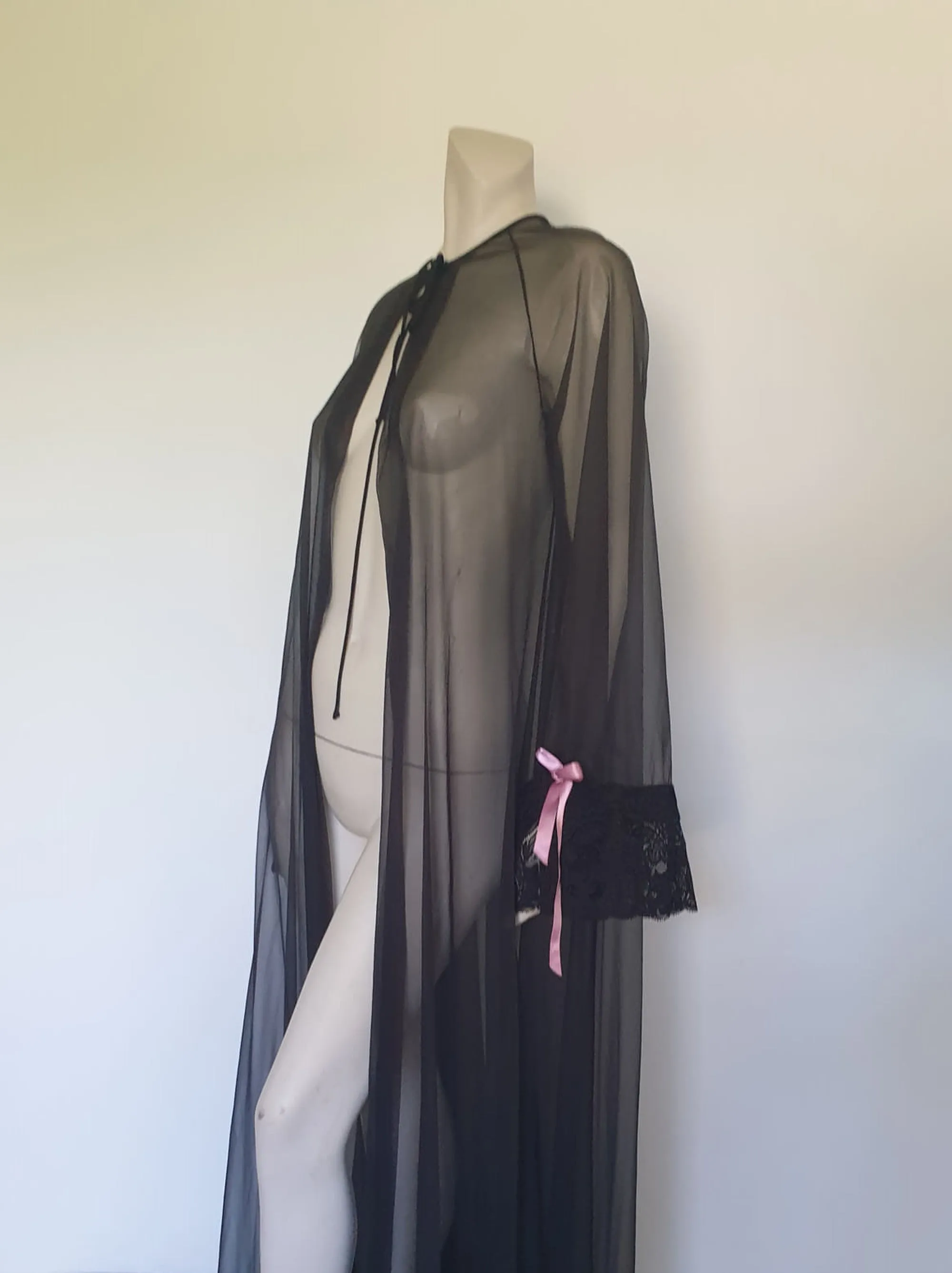 Long Sheer Black Peignoir with Lacy Flared Sleeves by Sakowitz - M