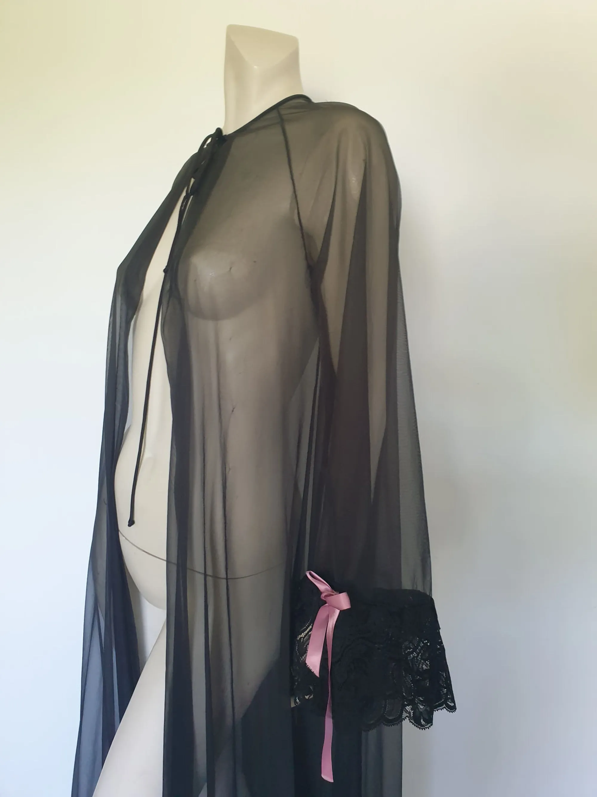Long Sheer Black Peignoir with Lacy Flared Sleeves by Sakowitz - M