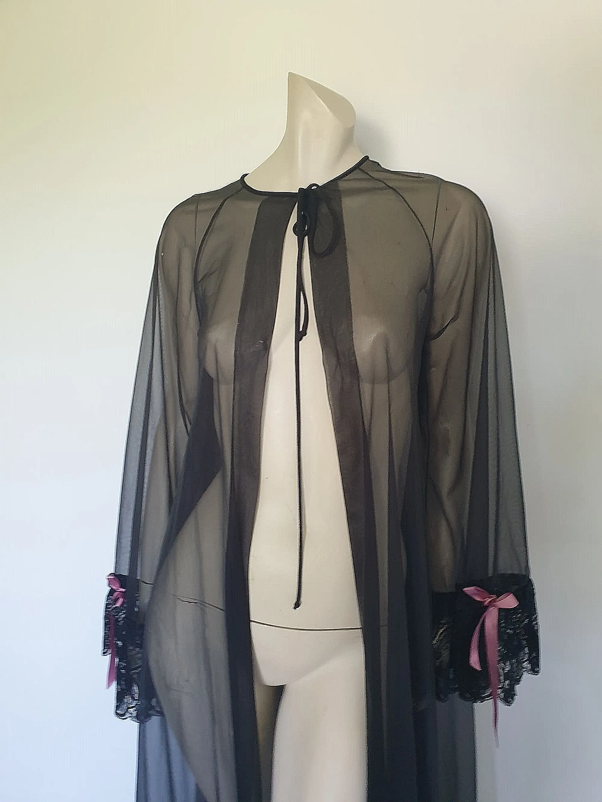 Long Sheer Black Peignoir with Lacy Flared Sleeves by Sakowitz - M