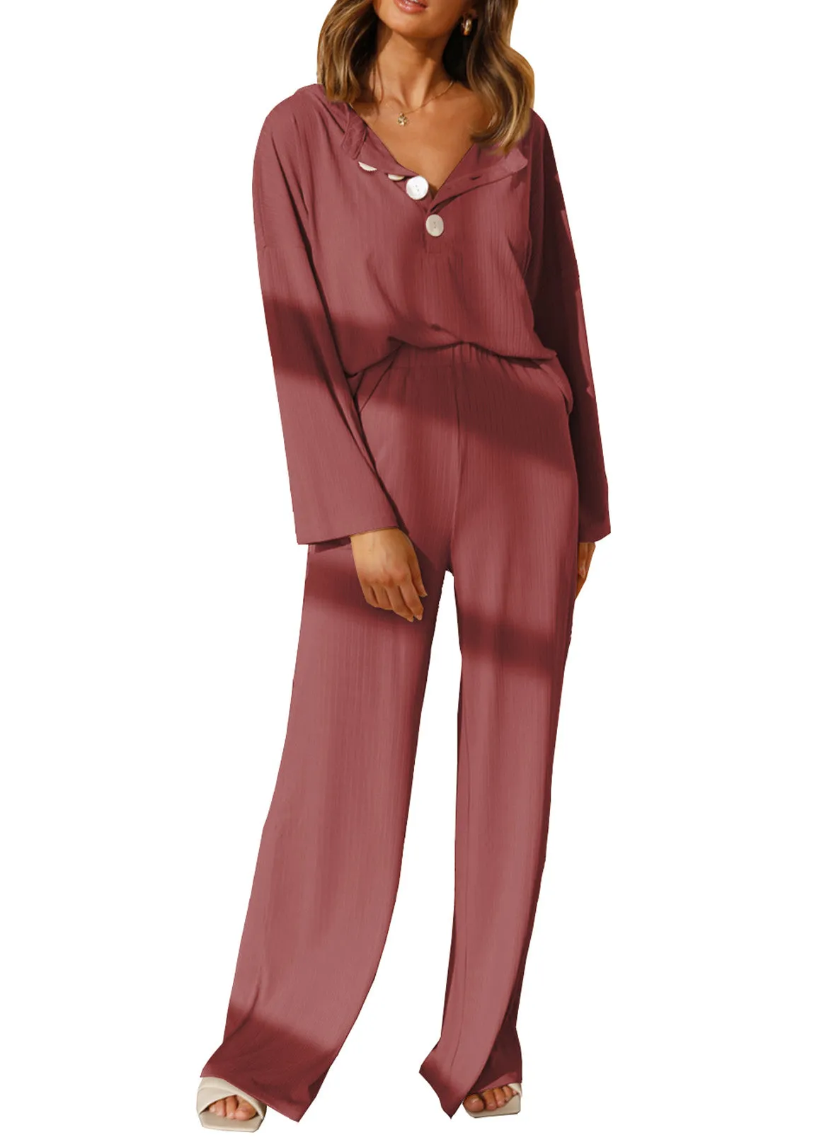 Long Sleeve  Lounge Wear Sets Button Up Top Wide Leg Pants