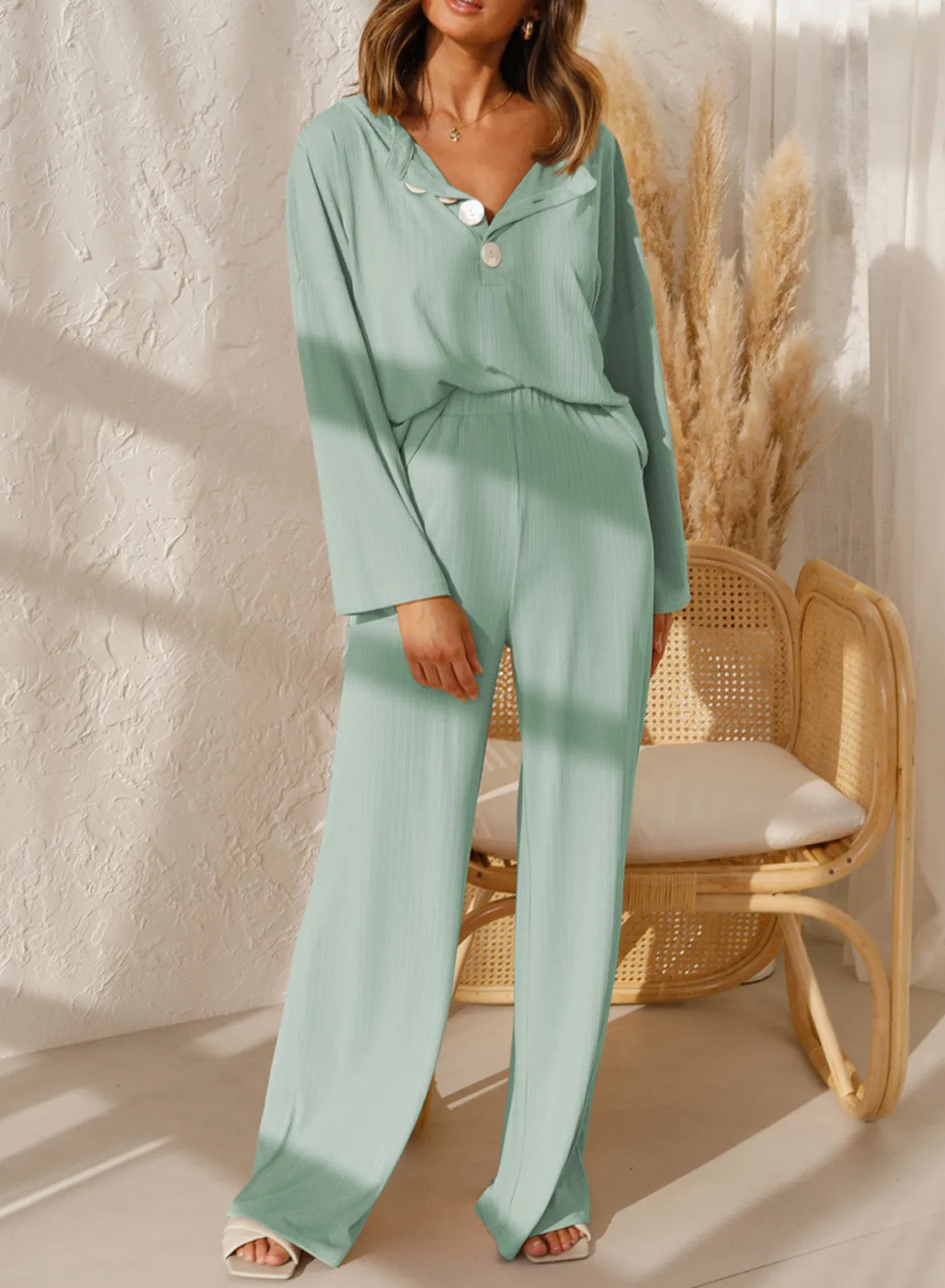 Long Sleeve  Lounge Wear Sets Button Up Top Wide Leg Pants