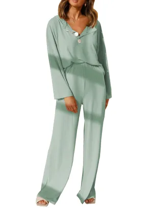 Long Sleeve  Lounge Wear Sets Button Up Top Wide Leg Pants