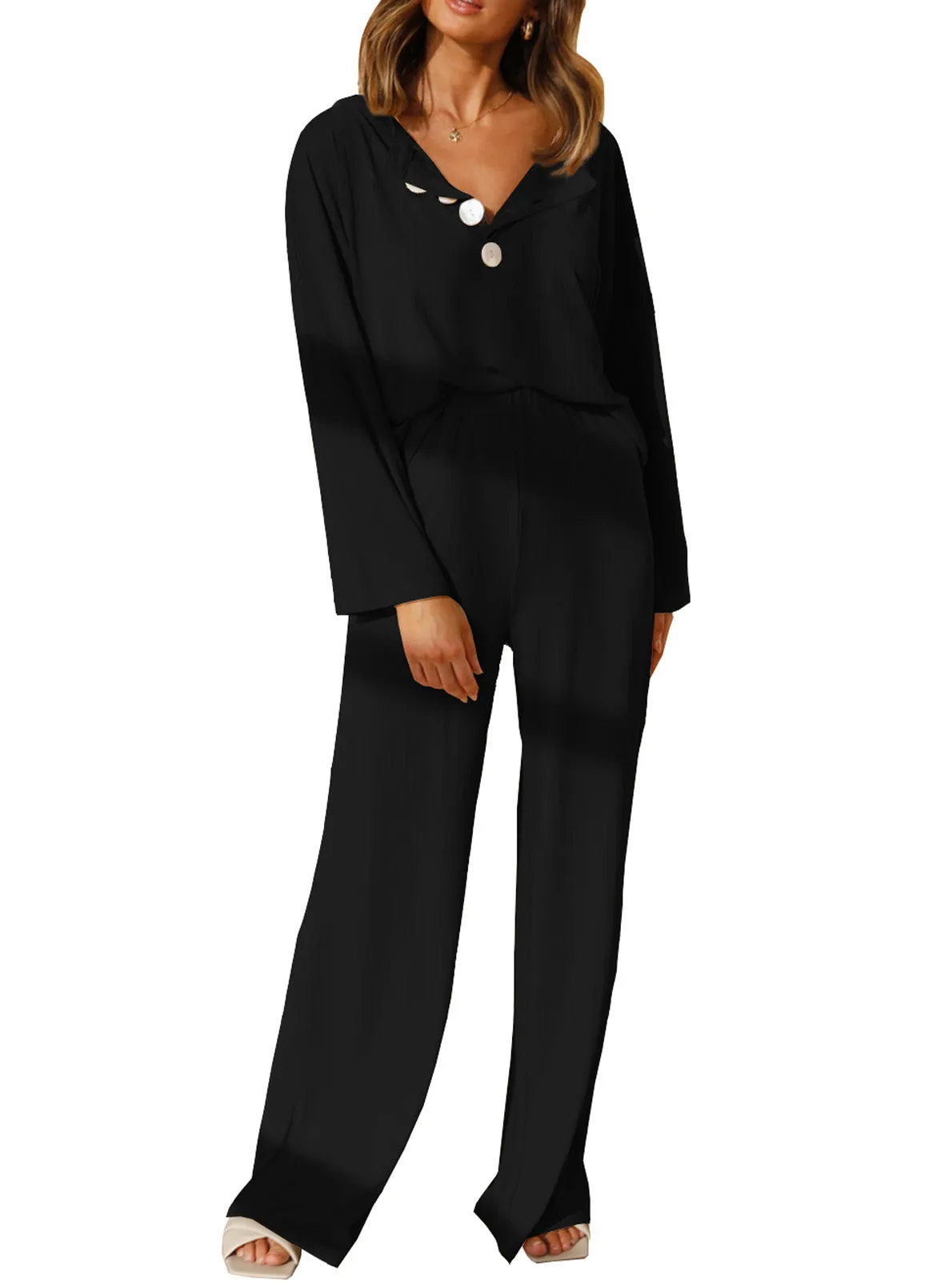 Long Sleeve  Lounge Wear Sets Button Up Top Wide Leg Pants