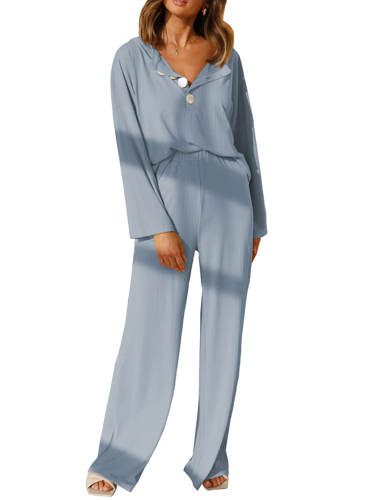 Long Sleeve  Lounge Wear Sets Button Up Top Wide Leg Pants