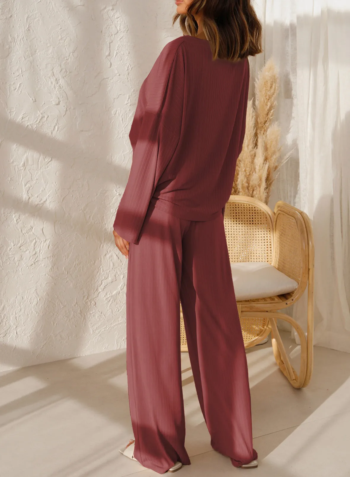 Long Sleeve  Lounge Wear Sets Button Up Top Wide Leg Pants
