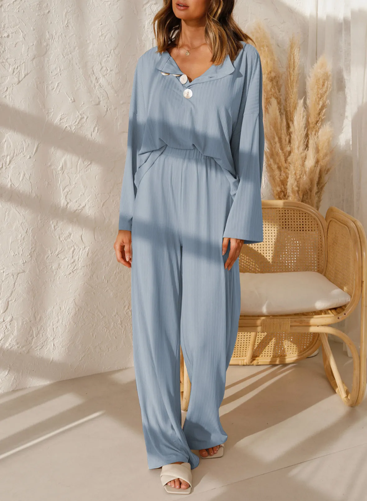 Long Sleeve  Lounge Wear Sets Button Up Top Wide Leg Pants