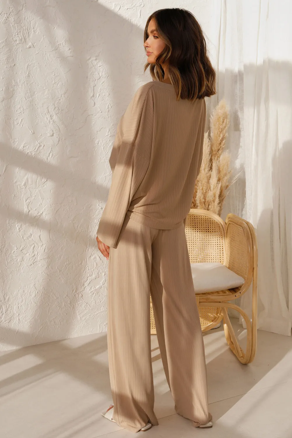 Long Sleeve  Lounge Wear Sets Button Up Top Wide Leg Pants