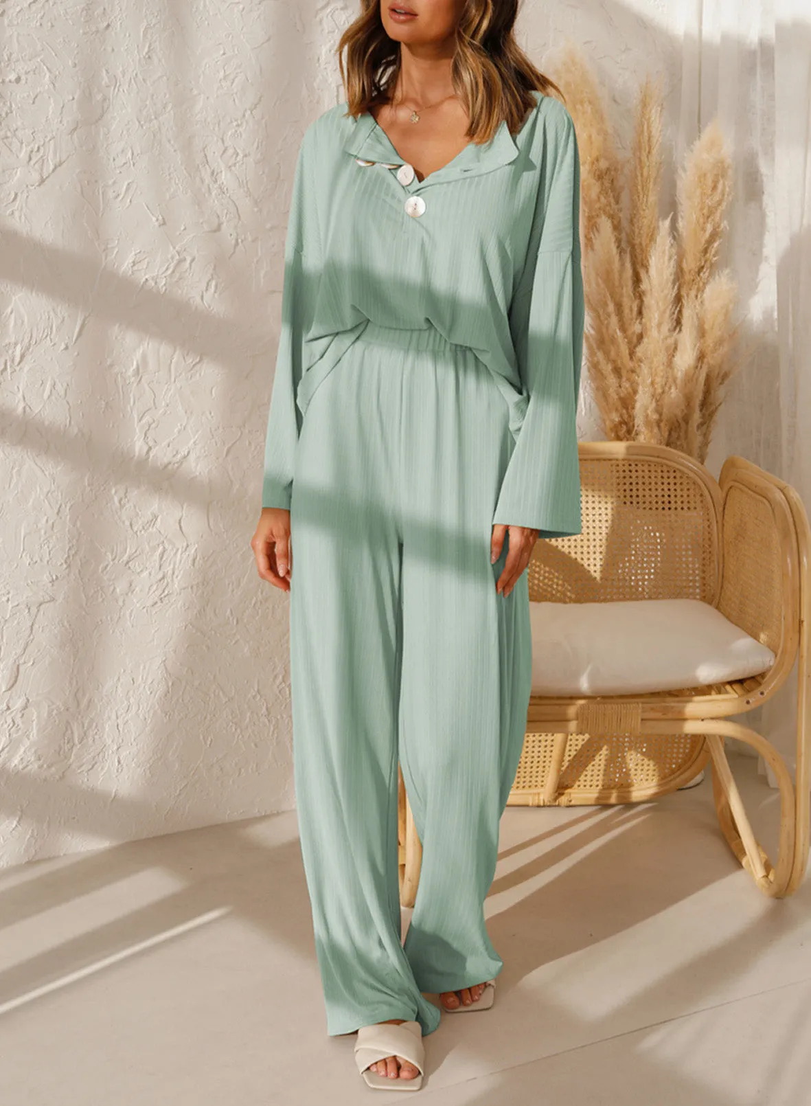 Long Sleeve  Lounge Wear Sets Button Up Top Wide Leg Pants