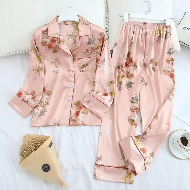 Long Sleeve Pajamas Autumn Ice Silk Long Sleeve Trousers Suit Printing Fashion Pyjamas Set