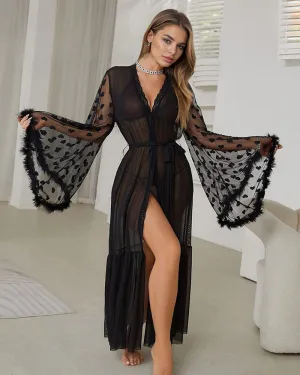 Long Sleeve Sheer Belted Nightgowns