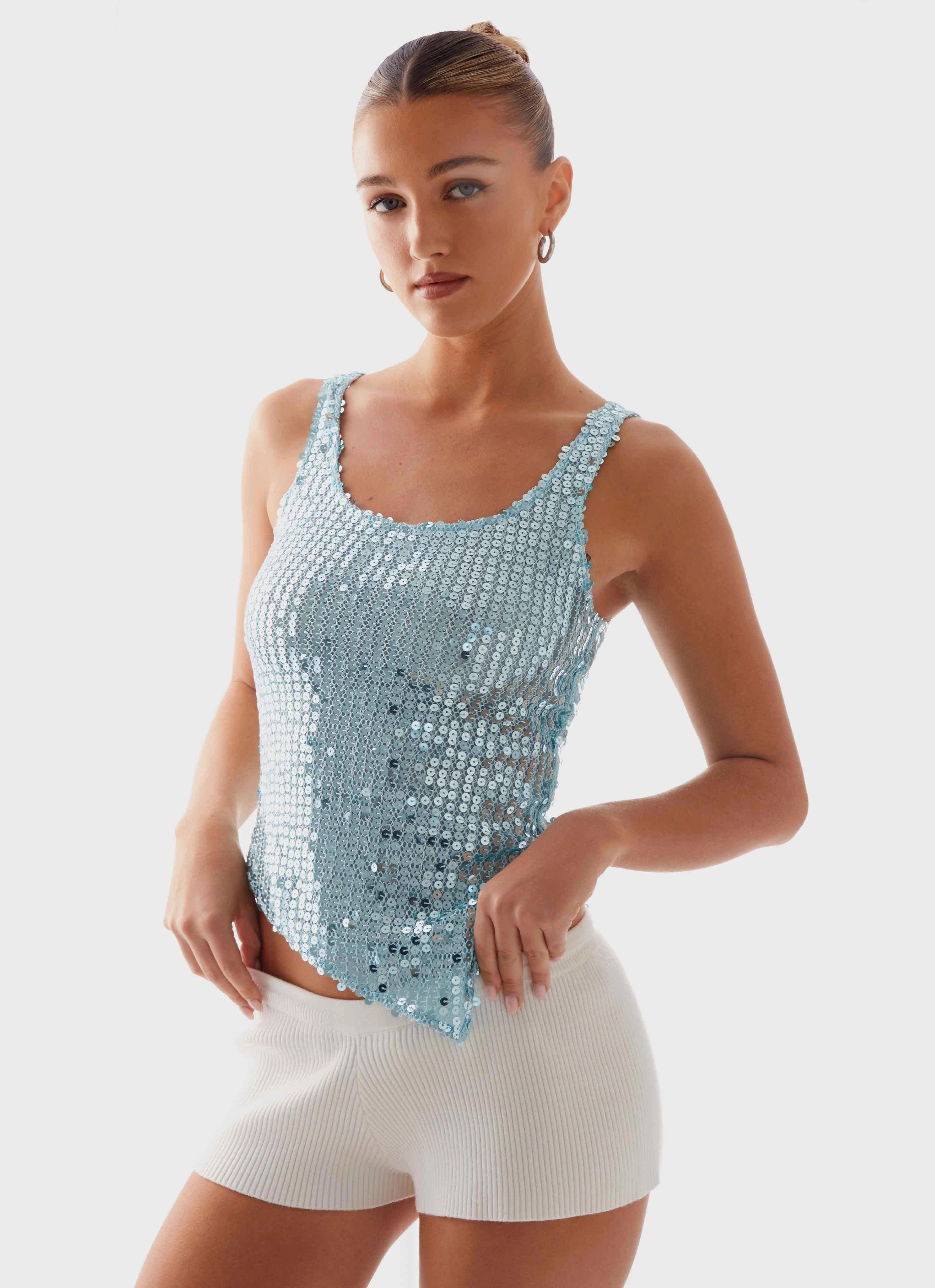 Compact Jacquard Weave Electra Sequin Tank - Turquoise