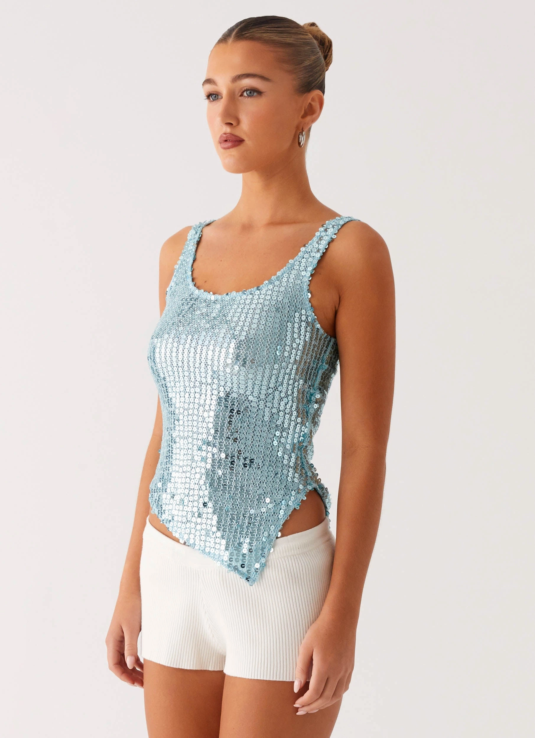 Raglan Sleeve Electra Sequin Tank - Turquoise