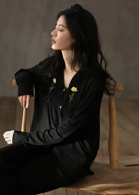 Loose Black Print Button Ice Silk Pajamas Two Pieces Set Spring TO1031