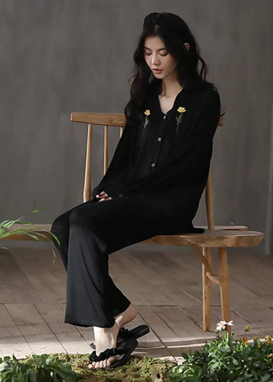 Loose Black Print Button Ice Silk Pajamas Two Pieces Set Spring TO1031