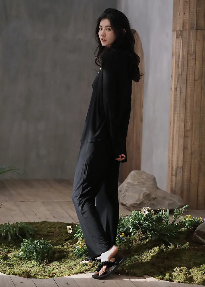 Loose Black Print Button Ice Silk Pajamas Two Pieces Set Spring TO1031