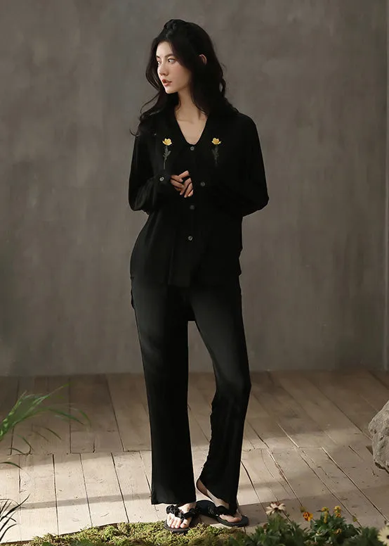 Loose Black Print Button Ice Silk Pajamas Two Pieces Set Spring TO1031
