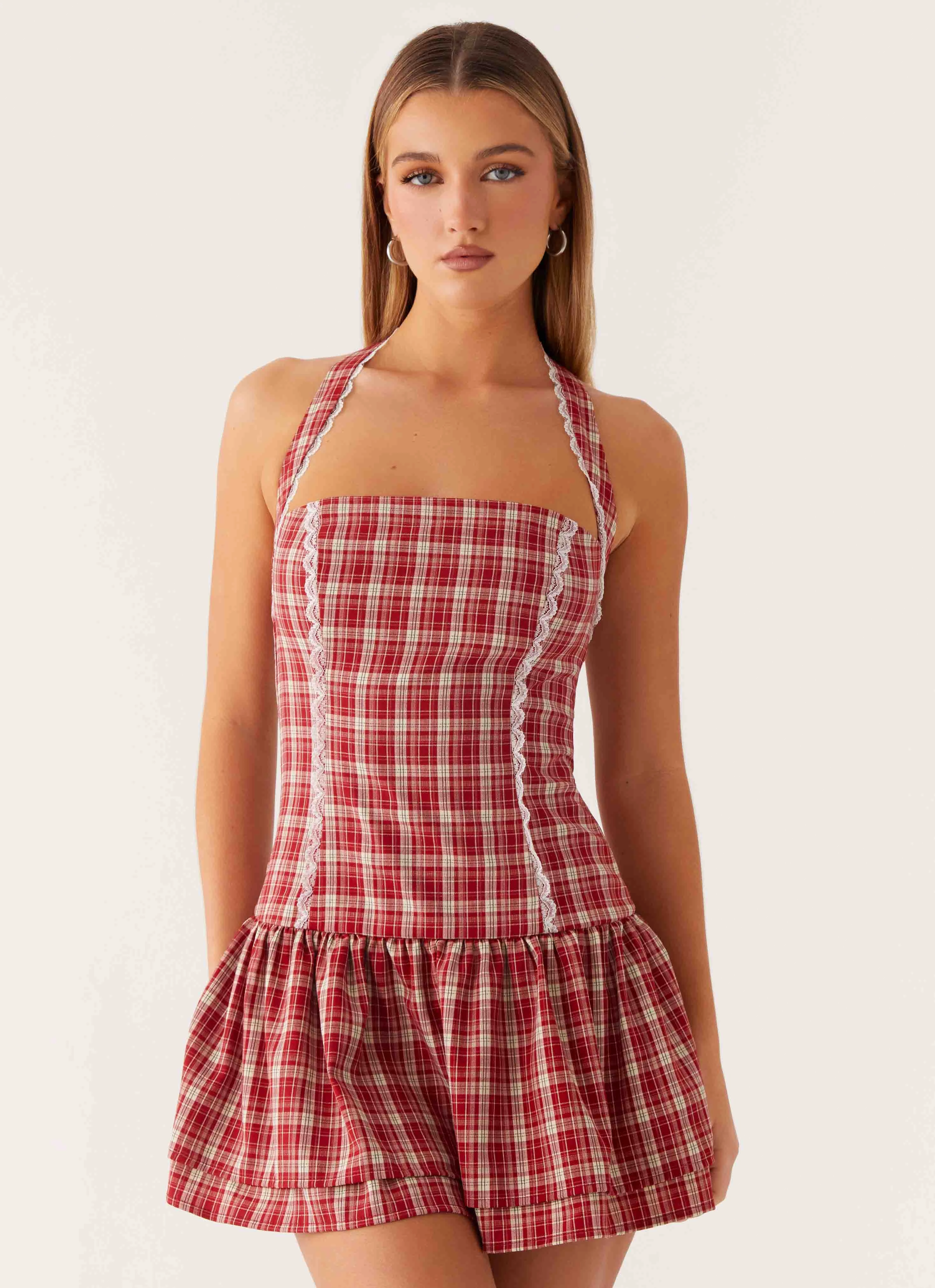 Knit Cool Versatile Layering Lotus Dream Mini Dress - Ruby Check