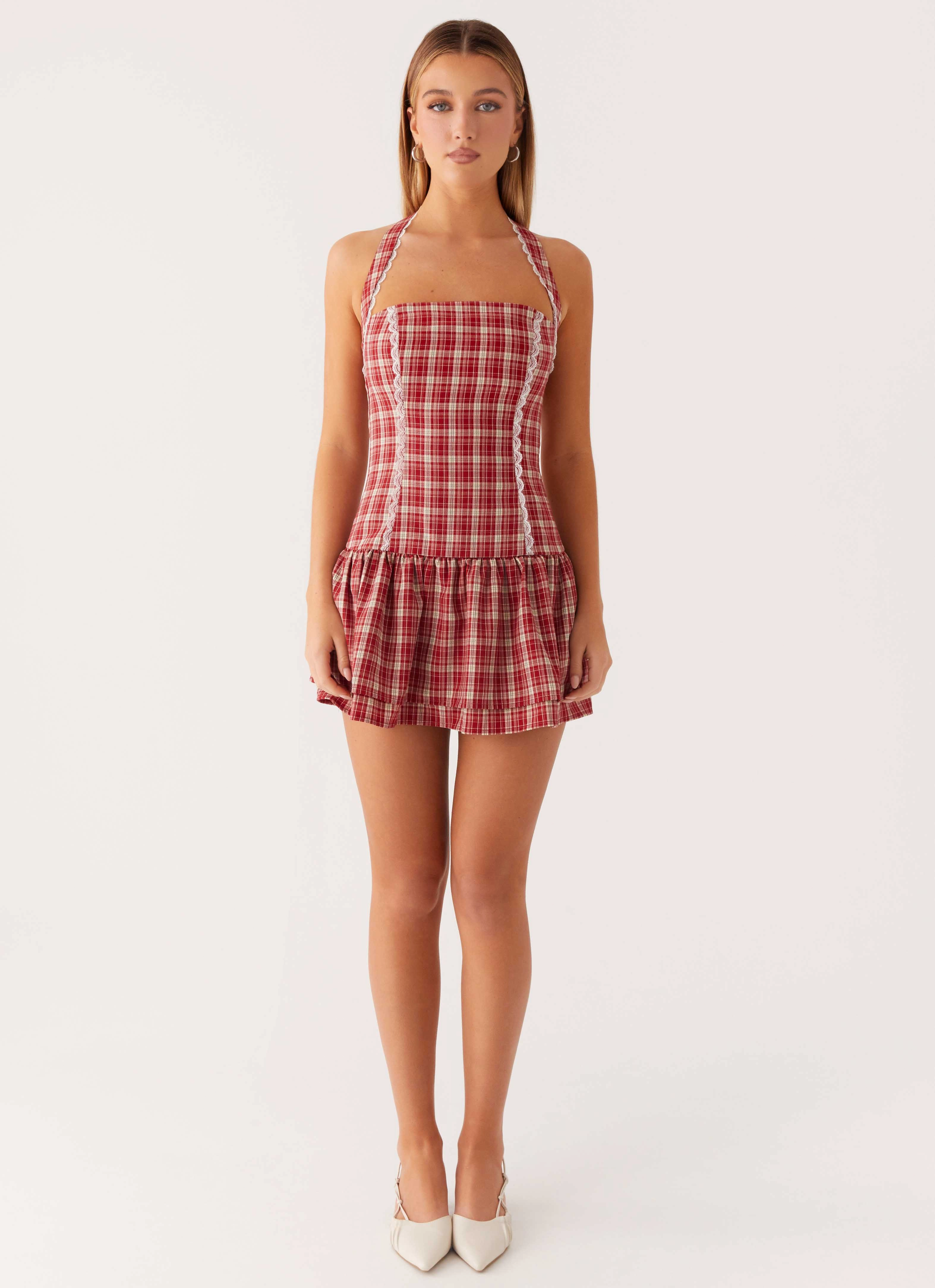 Easy Pairing Natural Drape Lotus Dream Mini Dress - Ruby Check