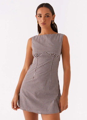 Lotus Tie Back Mini Dress - Chocolate Gingham Quilted Texture Fashion Tones