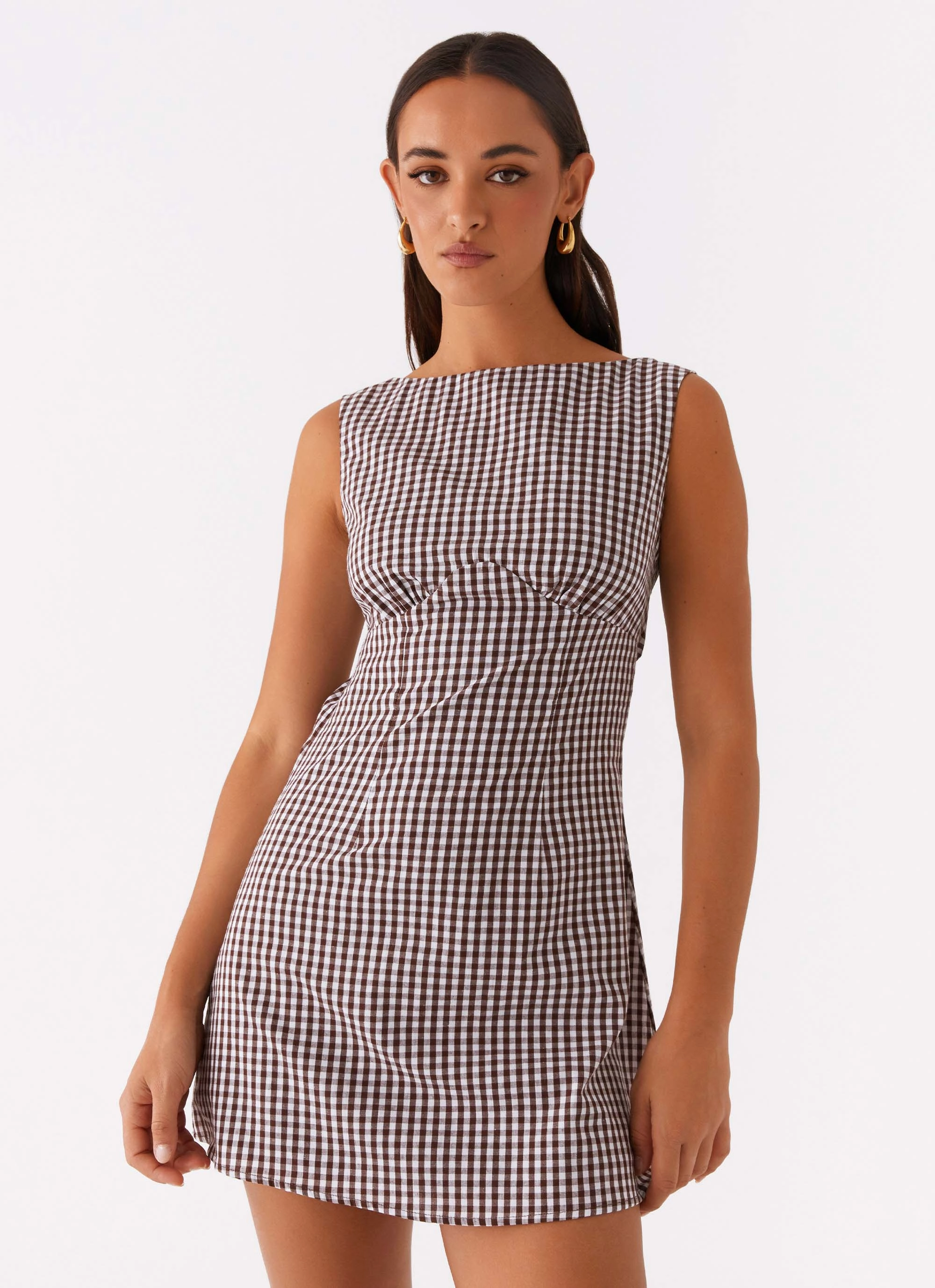 Lotus Tie Back Mini Dress - Chocolate Gingham Quilted Texture Fashion Tones