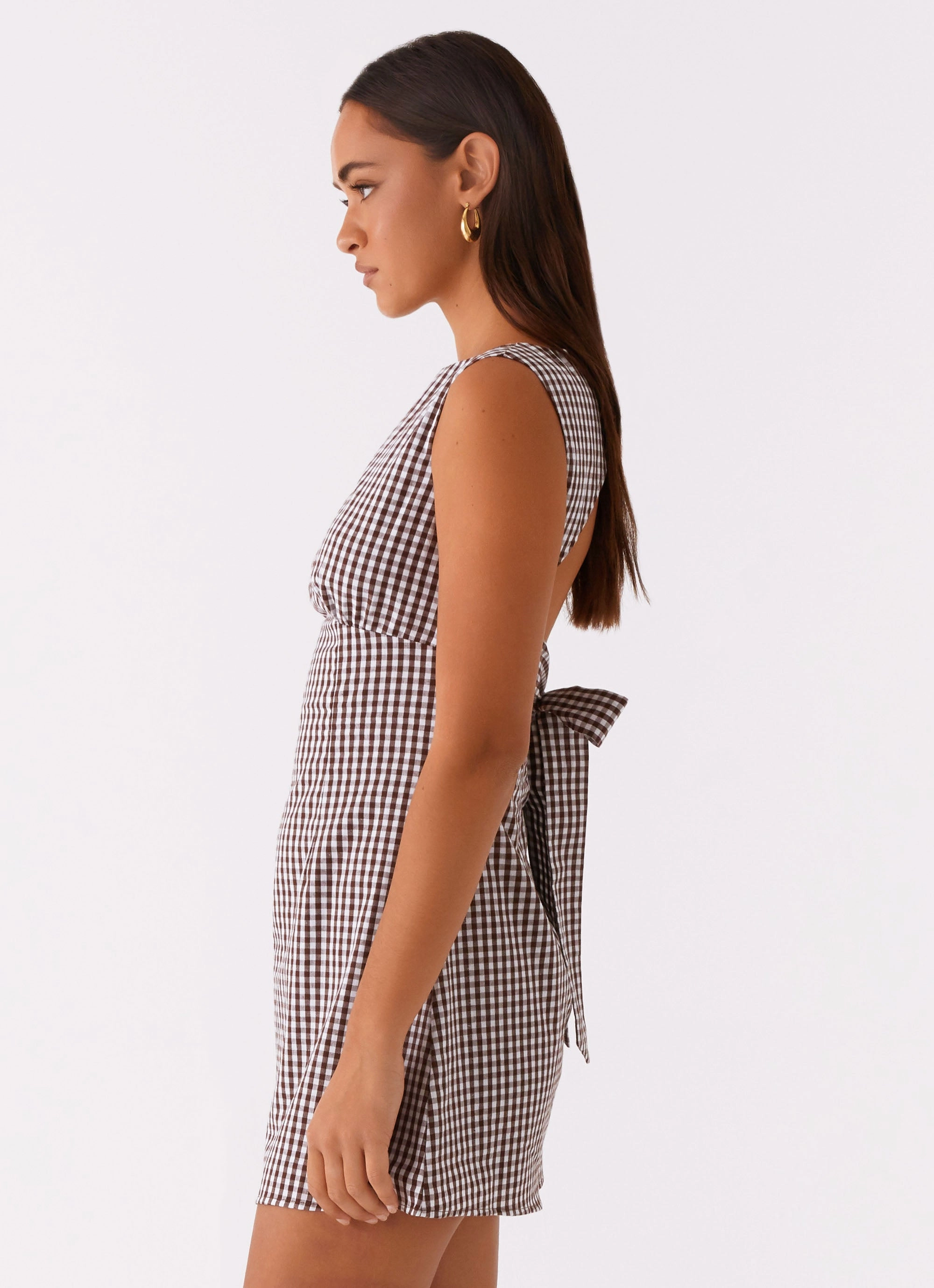 Non Irritating Seams Dance Practice Lotus Tie Back Mini Dress - Chocolate Gingham