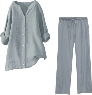 Lounge Sets for Women Comfy Plus Size Loungewear Set 3/4 Sleeve Henley Neck Top and Wide Leg Pants 2 Piece Outfits