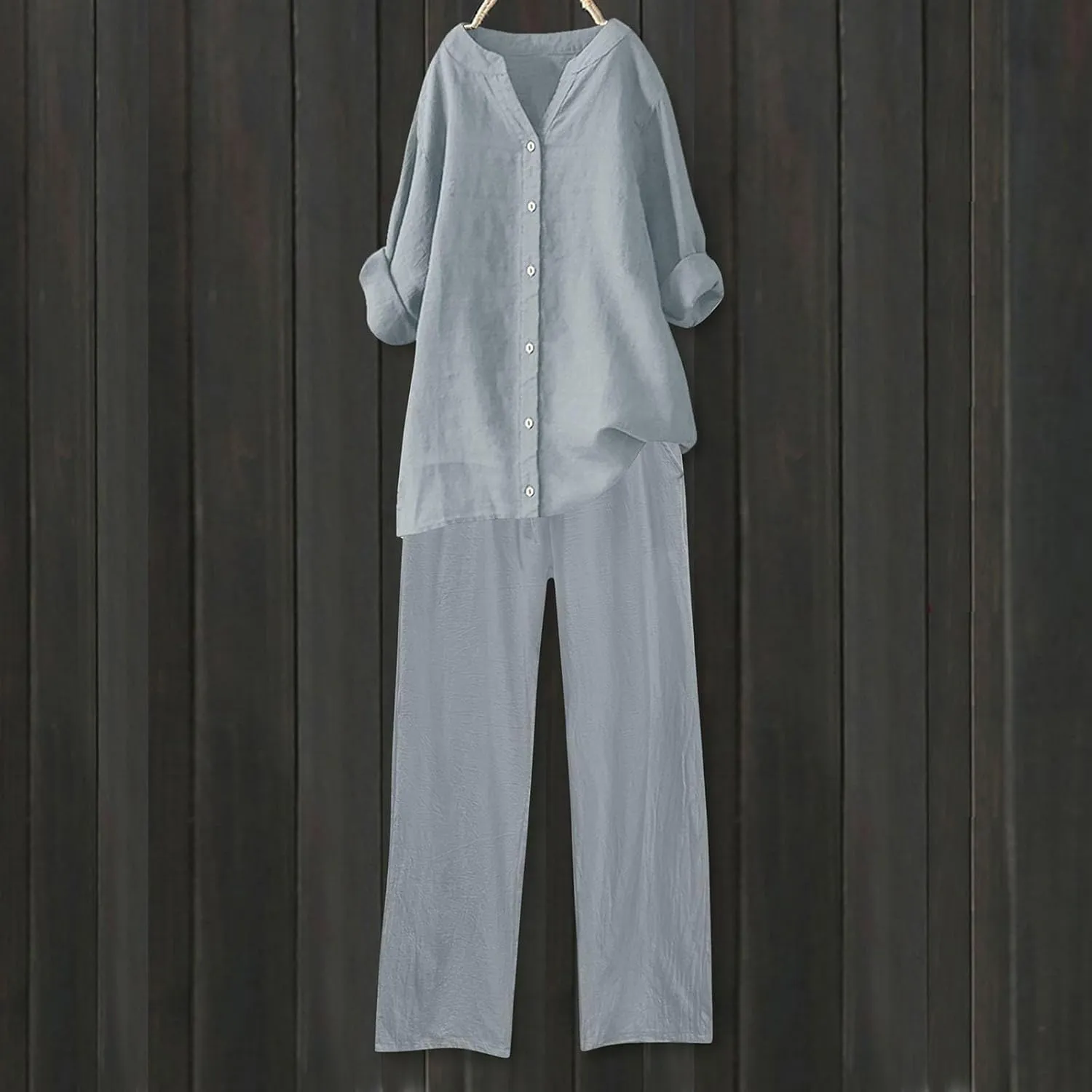 Lounge Sets for Women Comfy Plus Size Loungewear Set 3/4 Sleeve Henley Neck Top and Wide Leg Pants 2 Piece Outfits