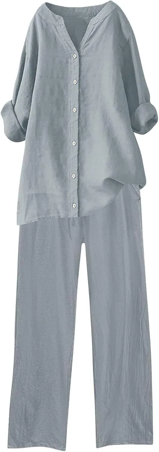 Lounge Sets for Women Comfy Plus Size Loungewear Set 3/4 Sleeve Henley Neck Top and Wide Leg Pants 2 Piece Outfits