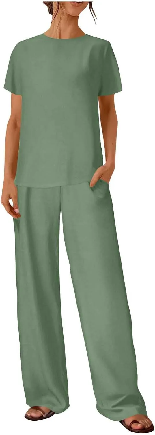 Lounge Sets for Women Two Piece Summer Cotton Linen Outfits Short Sleeve Comfy Tshirt Wide Leg Pants Comfy Sets