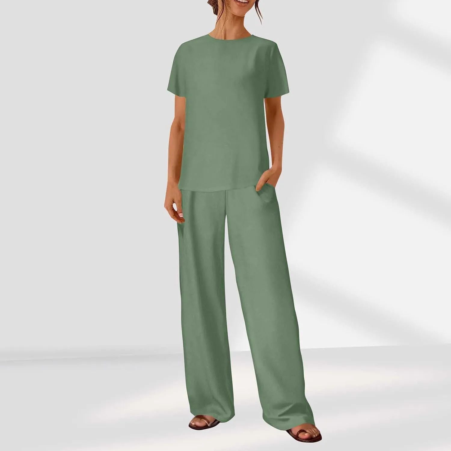 Lounge Sets for Women Two Piece Summer Cotton Linen Outfits Short Sleeve Comfy Tshirt Wide Leg Pants Comfy Sets