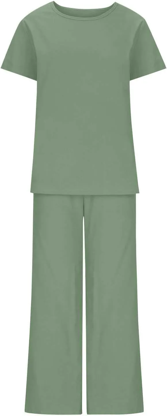 Lounge Sets for Women Two Piece Summer Cotton Linen Outfits Short Sleeve Comfy Tshirt Wide Leg Pants Comfy Sets