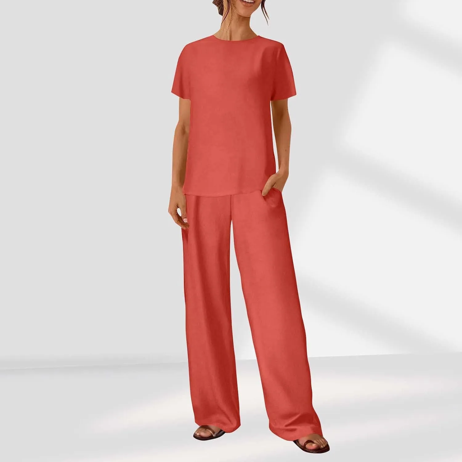 Lounge Sets for Women Two Piece Summer Cotton Linen Outfits Short Sleeve Comfy Tshirt Wide Leg Pants Comfy Sets