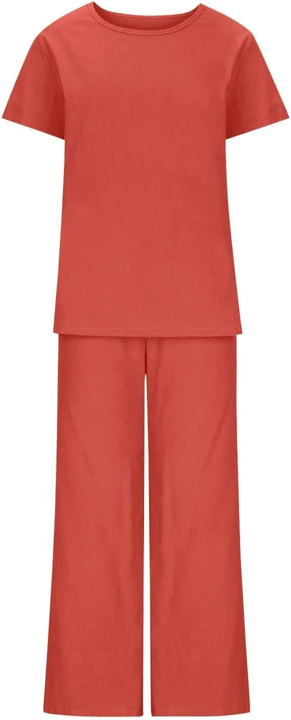 Lounge Sets for Women Two Piece Summer Cotton Linen Outfits Short Sleeve Comfy Tshirt Wide Leg Pants Comfy Sets