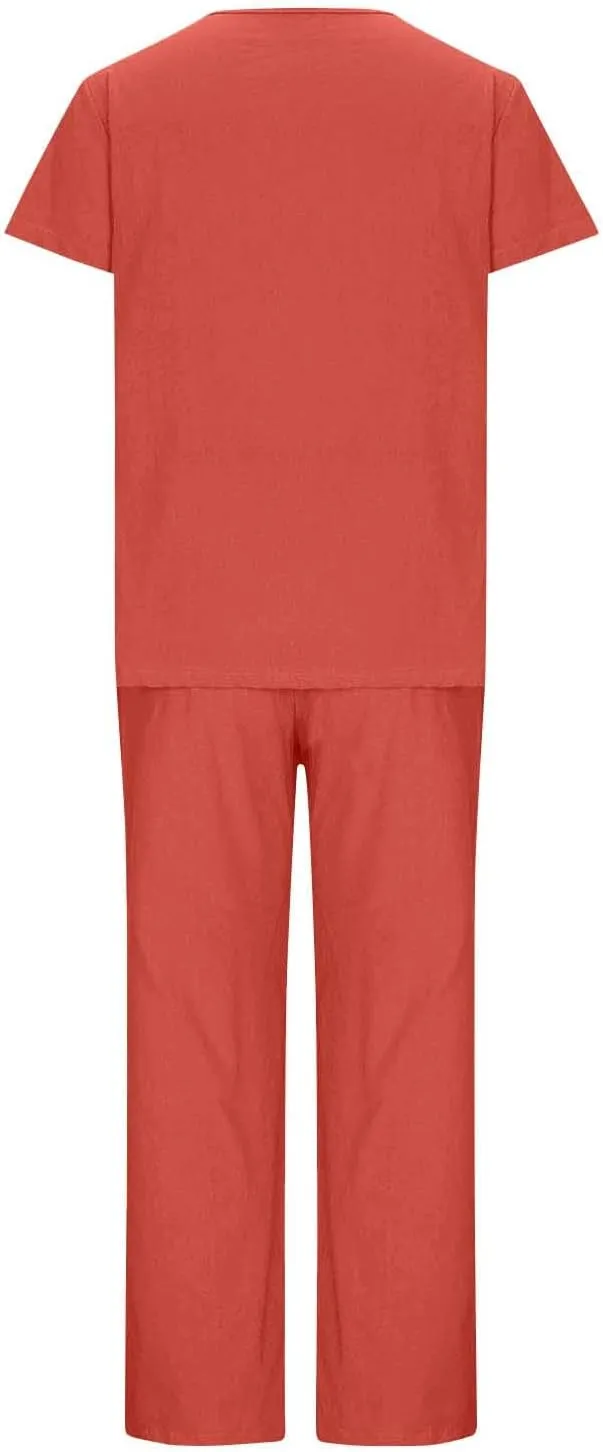 Lounge Sets for Women Two Piece Summer Cotton Linen Outfits Short Sleeve Comfy Tshirt Wide Leg Pants Comfy Sets