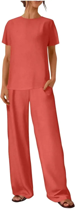 Lounge Sets for Women Two Piece Summer Cotton Linen Outfits Short Sleeve Comfy Tshirt Wide Leg Pants Comfy Sets