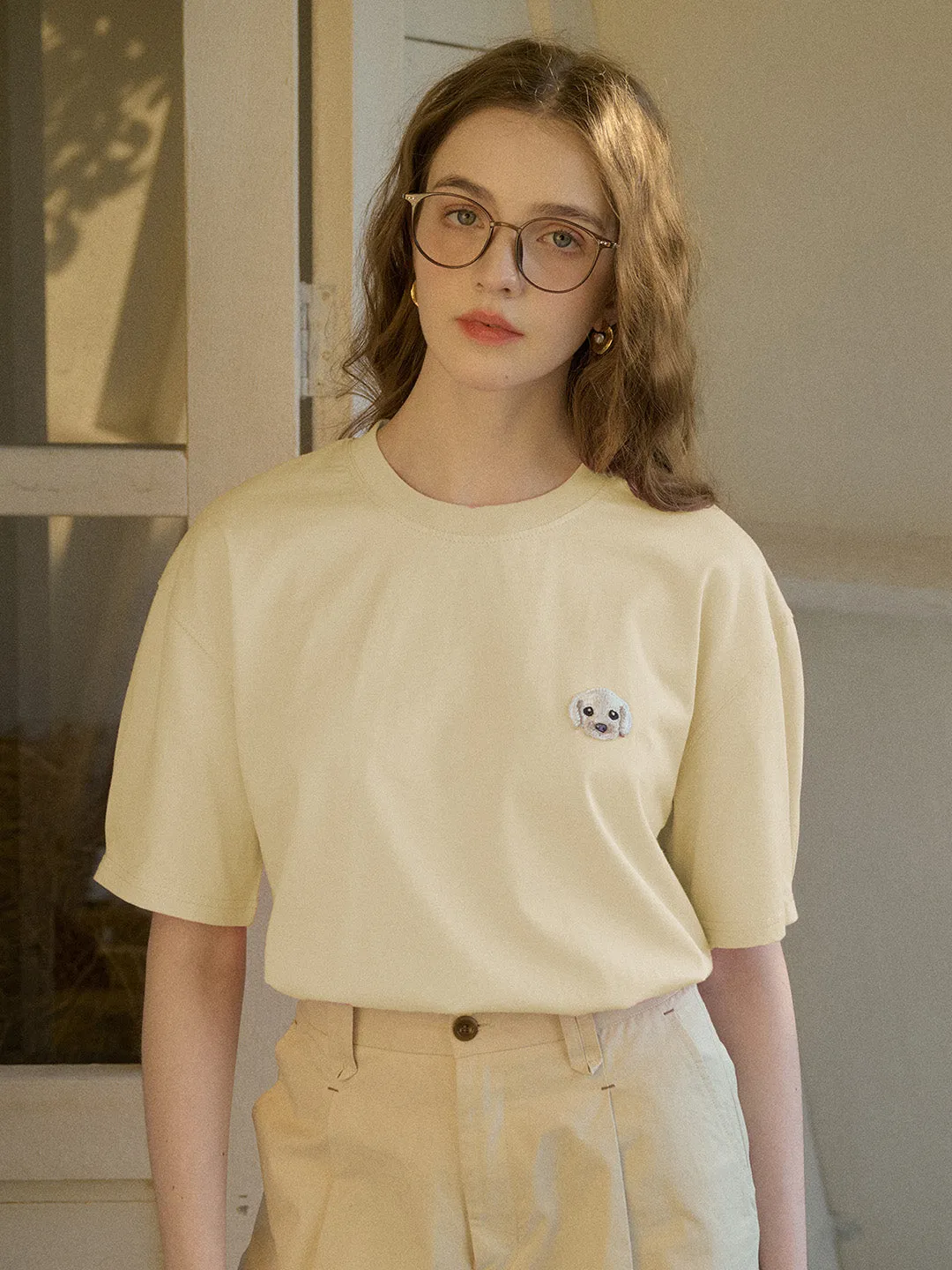 ??Final Sale??Journey Puppy Applique Round Neck Short Sleeve Casual T-Shirt - Yellow Tagless Neckline Design Reinforced Neckline