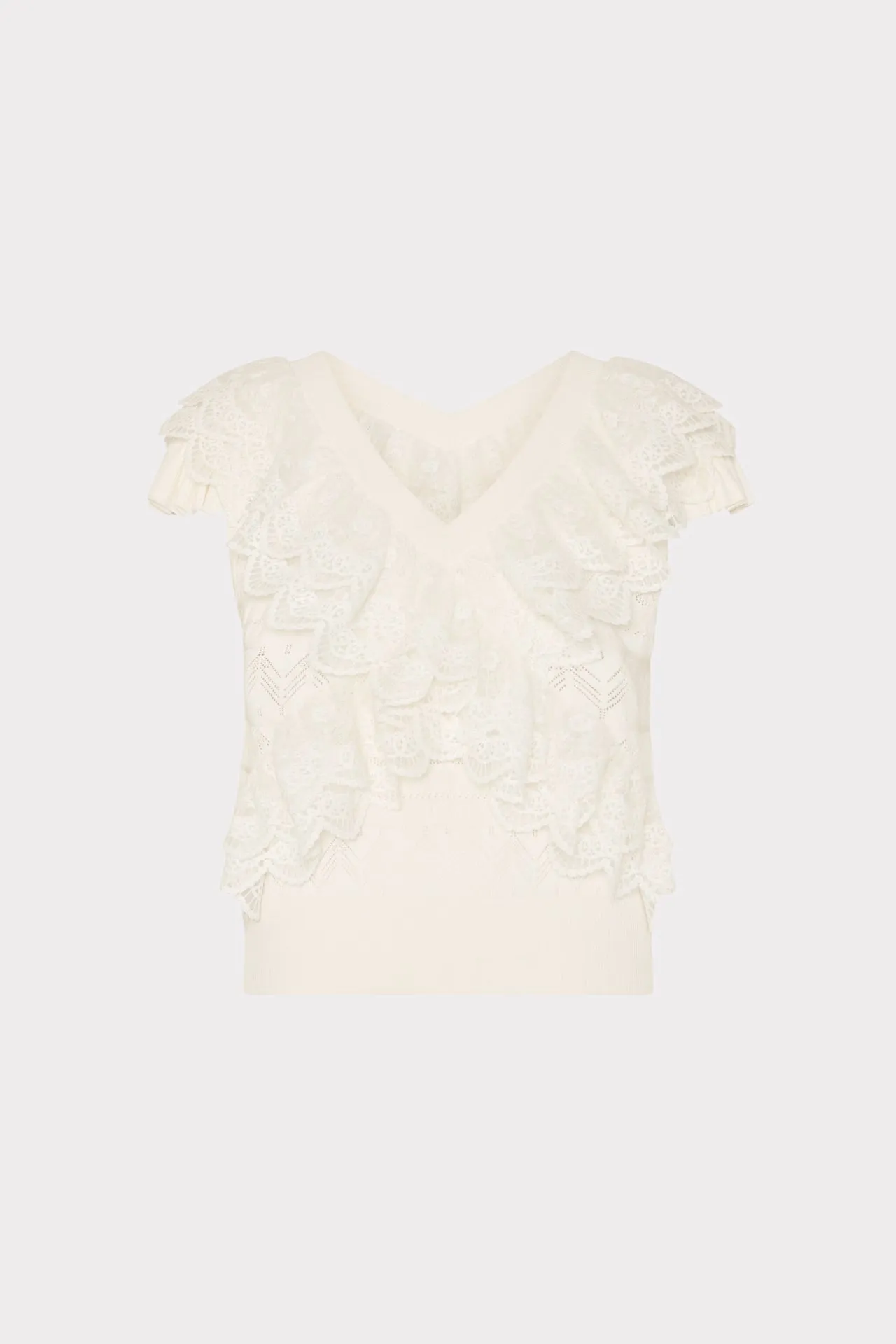 Lace Ruffle Knit V-Neck Top Circular Knit Technique Hydrophobic Surface Treatment