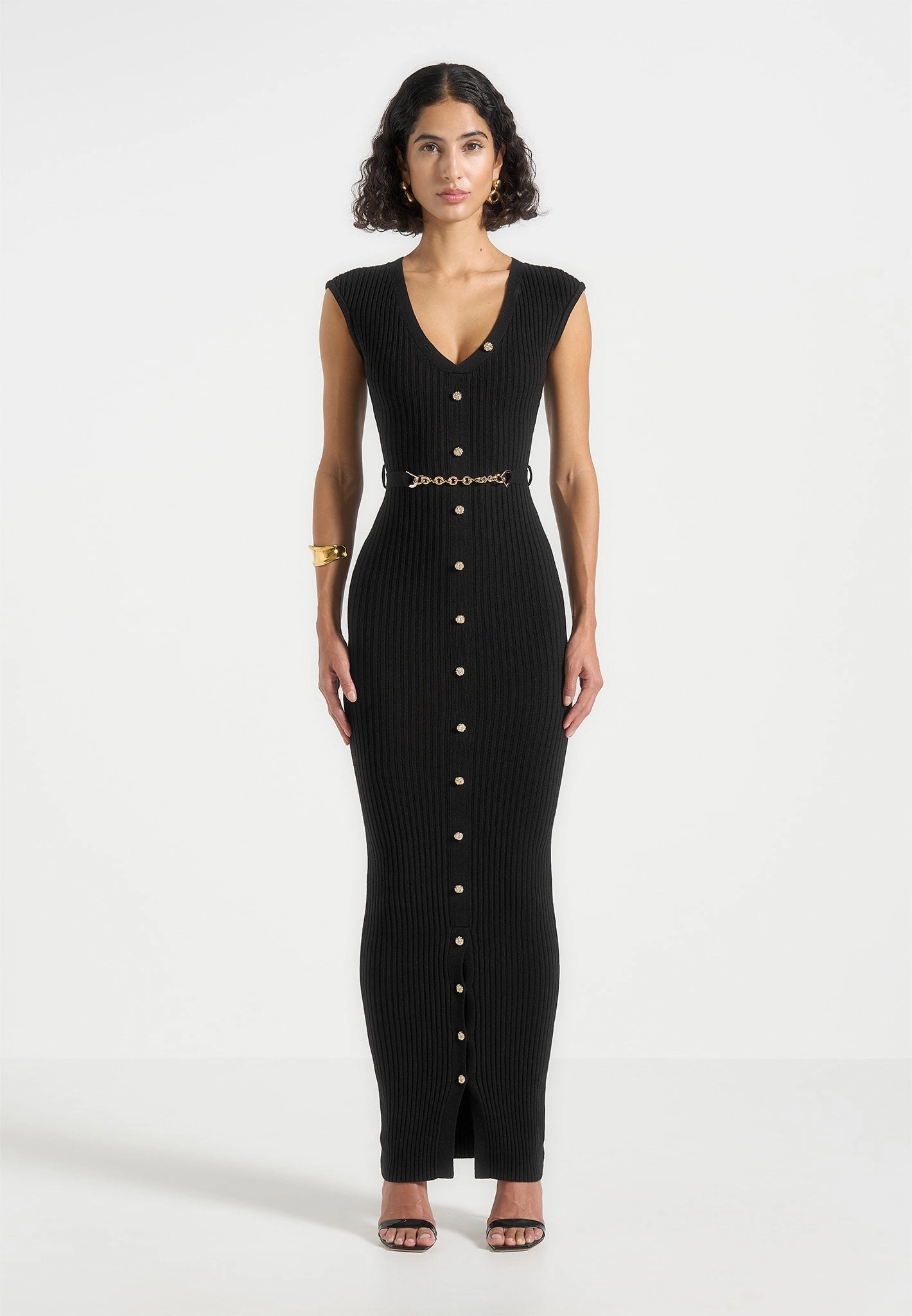Helene - Knitted Midaxi Dress with Belt - Black Ankle-length Chic Motion